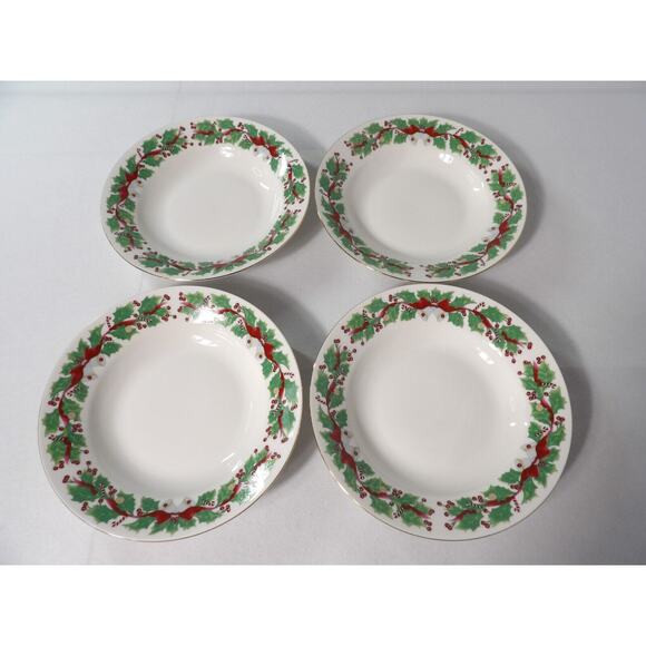 Vtg Sango Christmas Holly # 8415 Bowls Gold Rim Soup Salad Holiday Set of 4 - Picture 2 of 8
